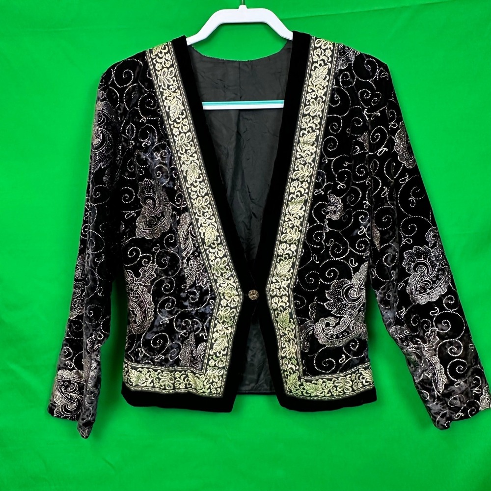 Scott‎ McClintock Black Velvet Jacket Metallic Paisley Embroidery Button Front